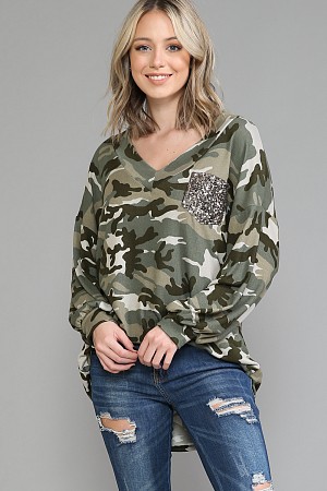 V-Neck Pullover w/ Sequins Poc ...